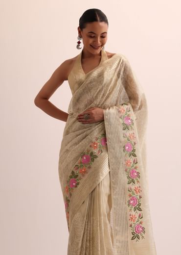 Beige Gold Chanderi Silk Saree With Thread Work And Unstitched Blouse Beige Gold Chanderi Silk Saree With Thread Work And Unstitched Blouse