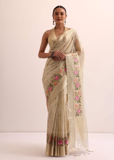 Beige Gold Chanderi Silk Saree With Thread Work And Unstitched Blouse Beige Gold Chanderi Silk Saree With Thread Work And Unstitched Blouse