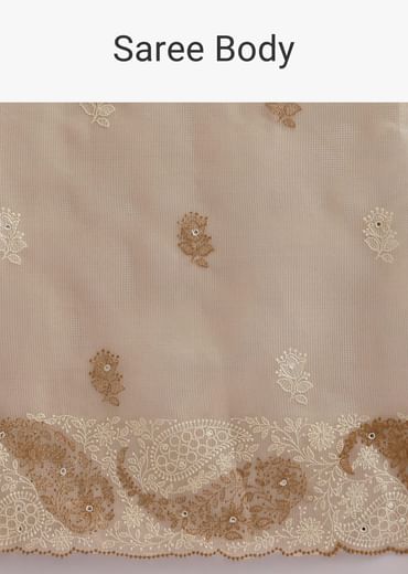Beige Chanderi Silk Saree With Thread Work And Unstitched Blouse