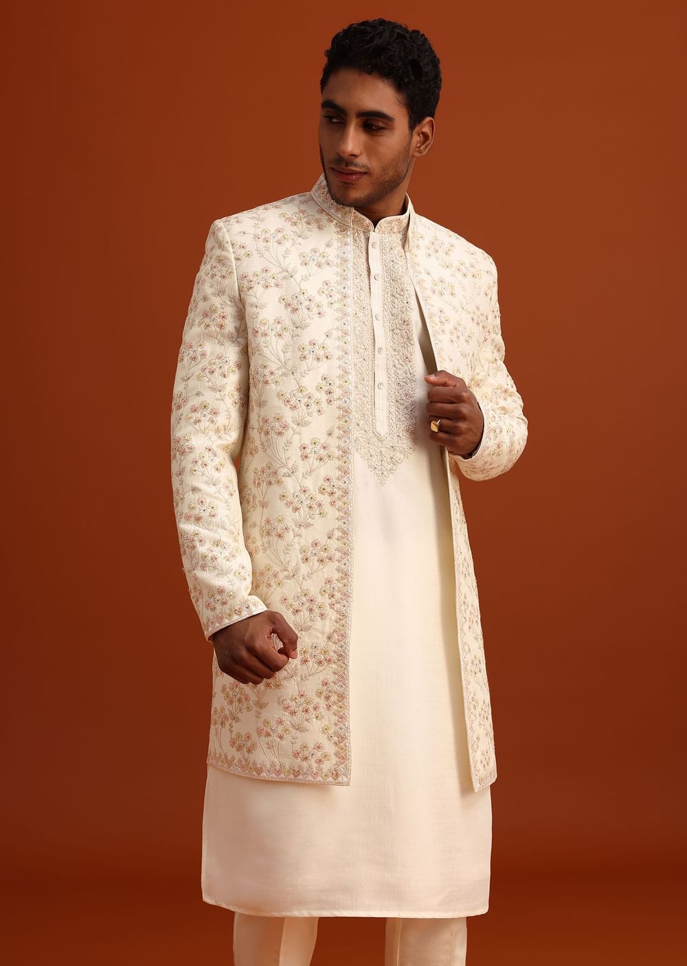 Beige Cotton Silk Sherwani Set With Hand Work