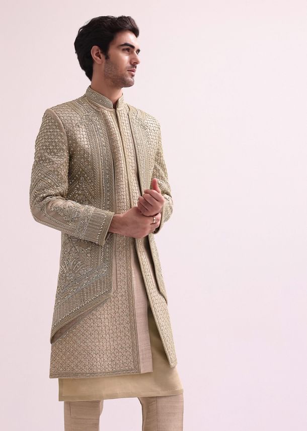 Beige Double Layered Raw Silk Sherwani And Kurta Set