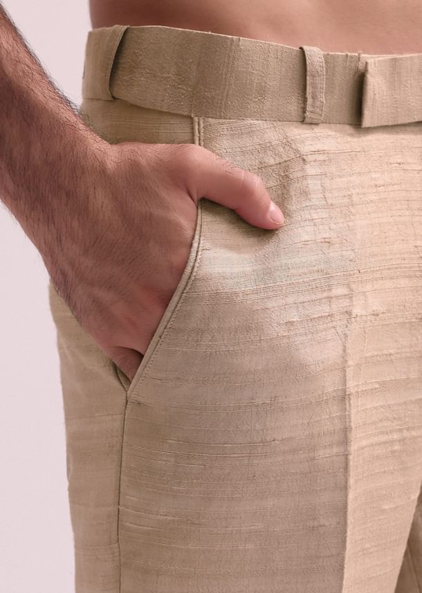 Beige Double Layered Raw Silk Sherwani And Kurta Set