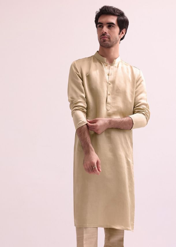 Beige Double Layered Raw Silk Sherwani And Kurta Set