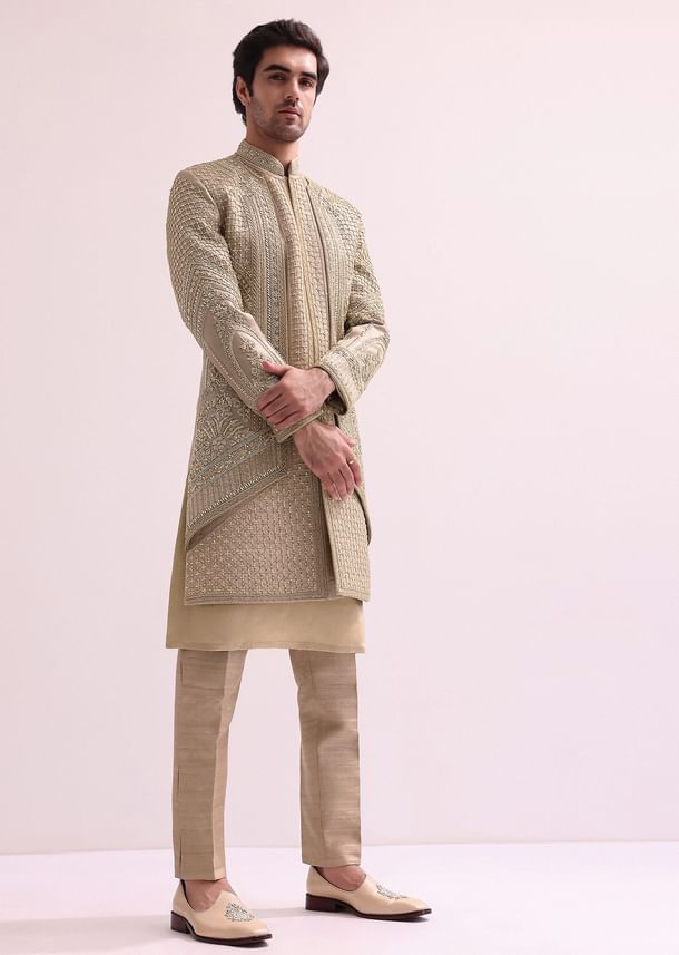 Beige Double Layered Raw Silk Sherwani And Kurta Set