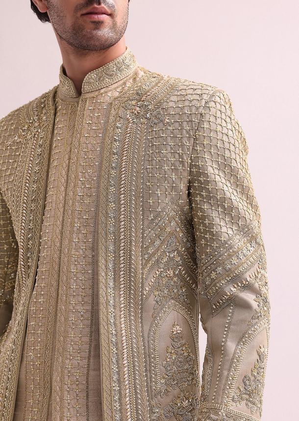 Beige Double Layered Raw Silk Sherwani And Kurta Set