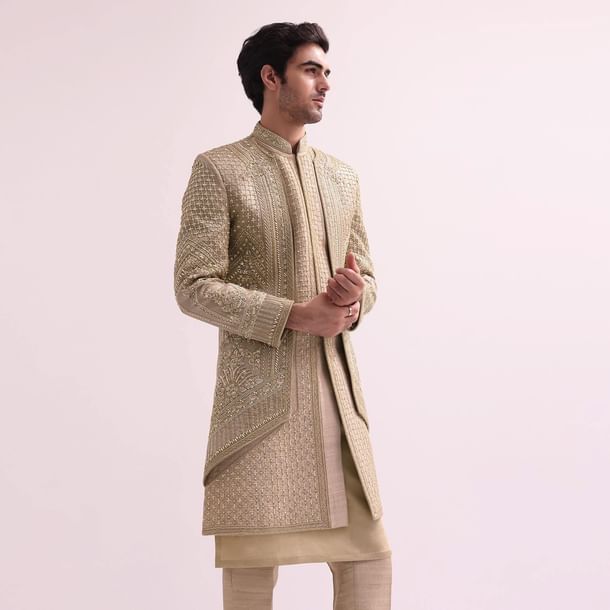 Beige Double Layered Raw Silk Sherwani And Kurta Set