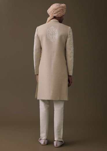 Beige Embroidered Sherwani Set In Linen With Resham And Threadwork
