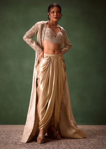 Beige Embroidered Brocade Corset With Long Blazer And Dhoti Pant
