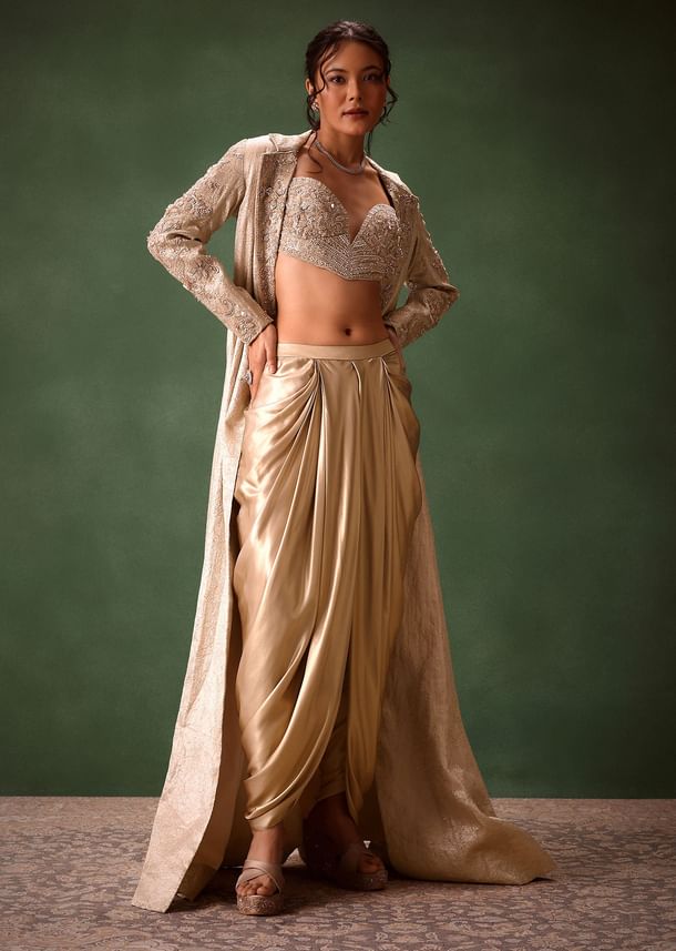Beige Embroidered Brocade Corset With Long Blazer And Dhoti Pant