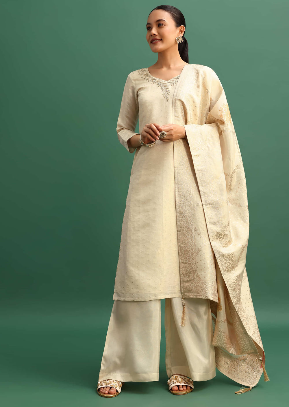 Beige Embroidered Tissue Kurta Palazzo With Dupatta