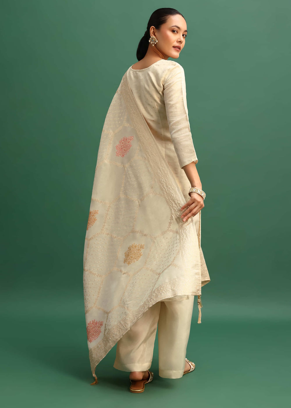 Beige Embroidered Tissue Kurta Palazzo With Dupatta