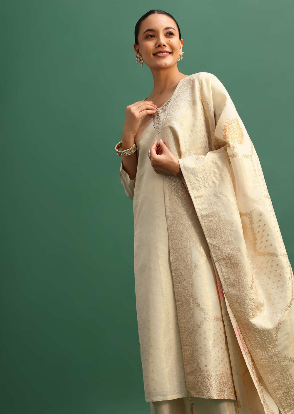 Beige Embroidered Tissue Kurta Palazzo With Dupatta
