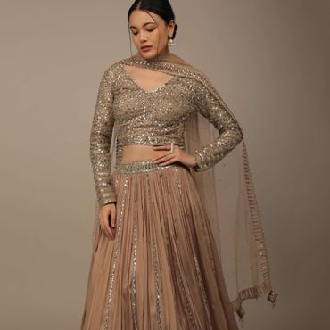 Beige Festive Sequins And Zari Embroidered Lehenga Set In Chinon