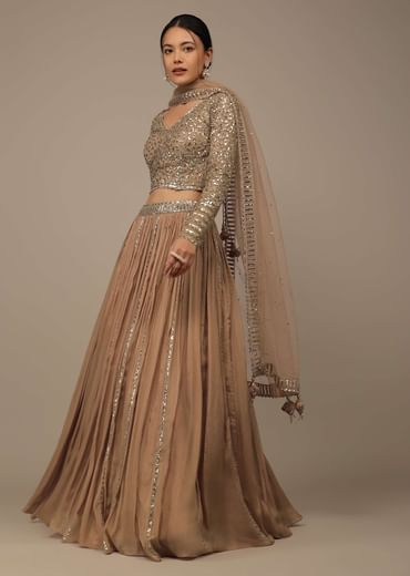 Beige Festive Sequins And Zari Embroidered Lehenga Set In Chinon