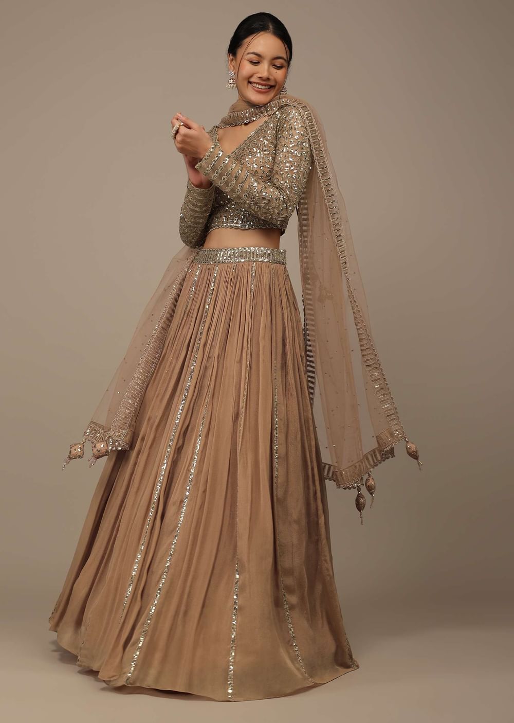 Beige Festive Sequins And Zari Embroidered Lehenga Set In Chinon