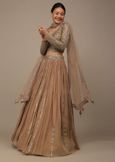 Beige Festive Sequins And Zari Embroidered Lehenga Set In Chinon