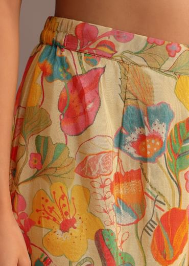 Beige Floral Printed Kurti Sharara Suit With Tissue Dupatta