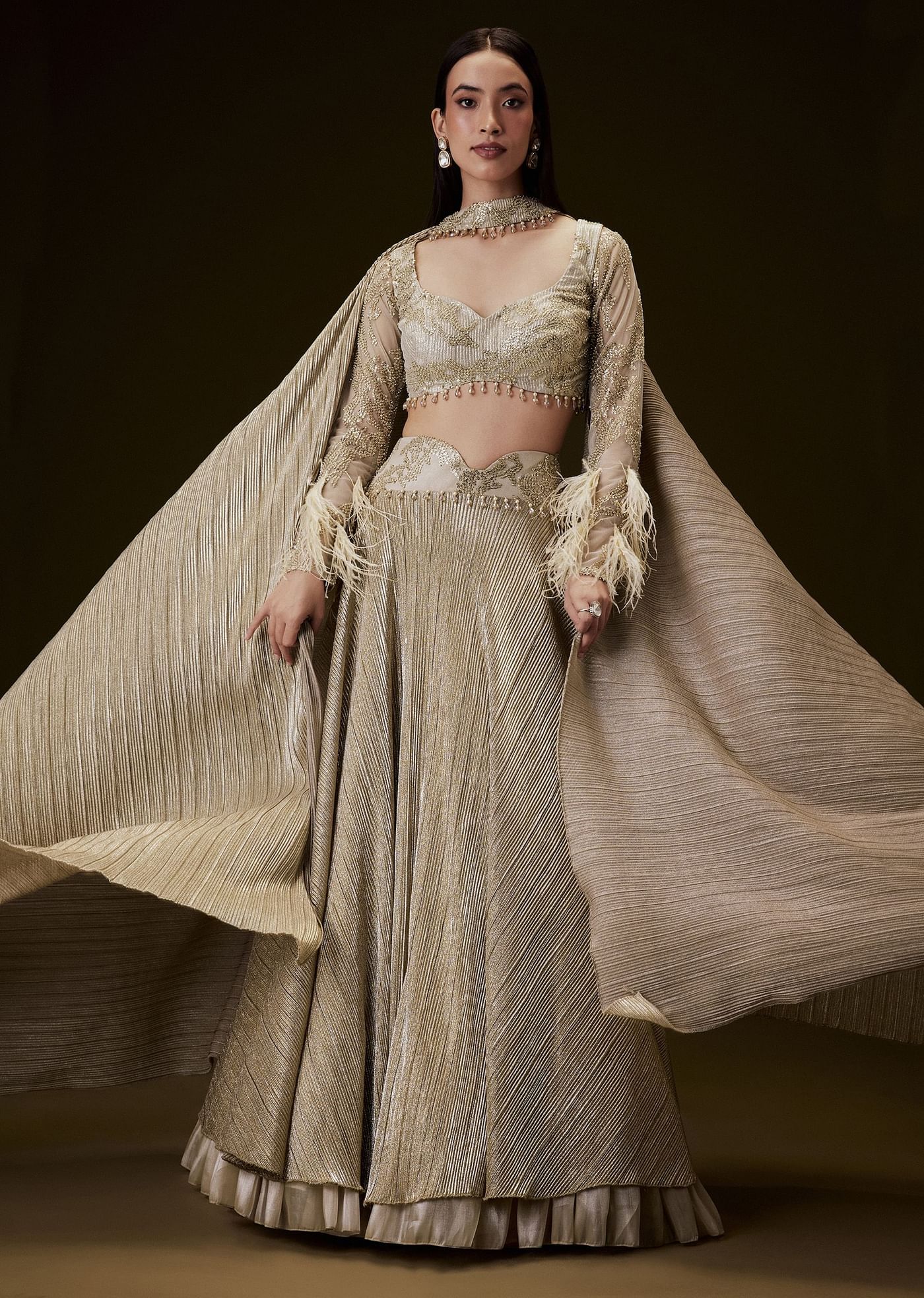 Beige Gold Crush Fabric Lehenga With Feather Sleeve Blouse