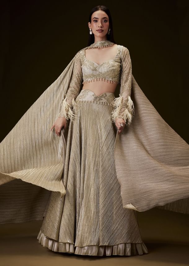 Beige Gold Crush Fabric Lehenga With Feather Sleeve Blouse