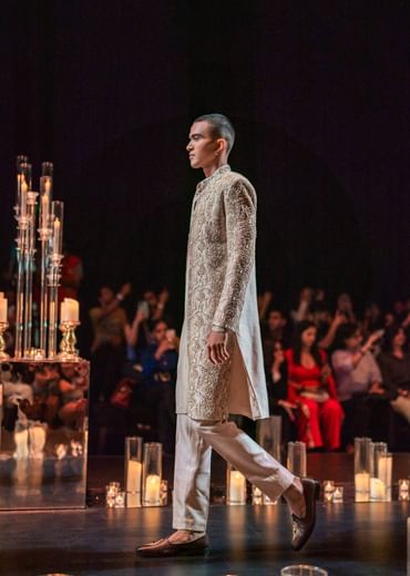Beige Gold Hand Embroidered Sherwani Set