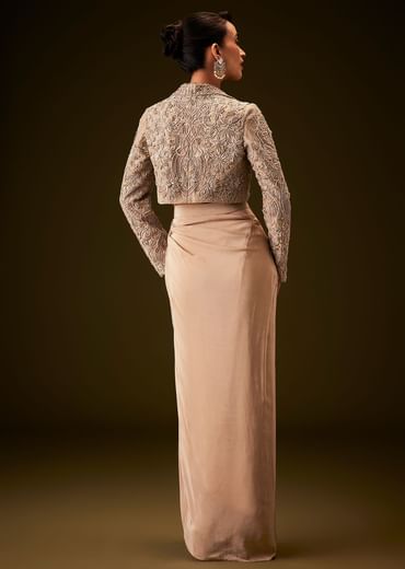 Beige Gold Zardozi Embroidered Jacket With Draped Skirt And Bustier