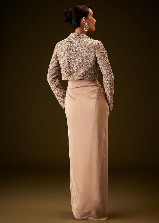 Beige Gold Zardozi Embroidered Jacket With Draped Skirt And Bustier