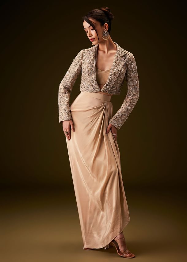 Beige Gold Zardozi Embroidered Jacket With Draped Skirt And Bustier