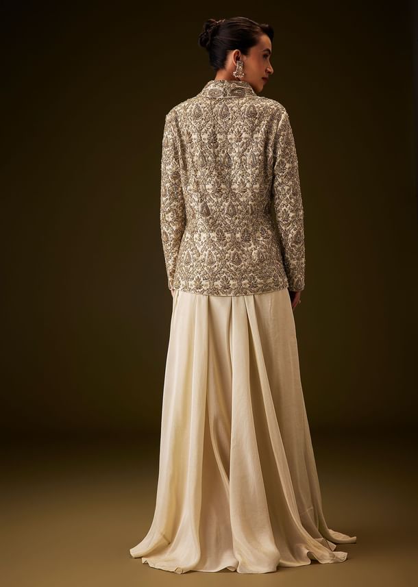 Beige Gold Zardozi Embroidered Peplum Jacket With Palazzo