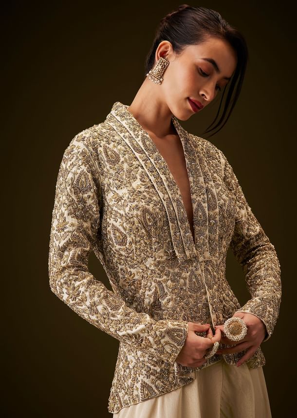 Beige Gold Zardozi Embroidered Peplum Jacket With Palazzo