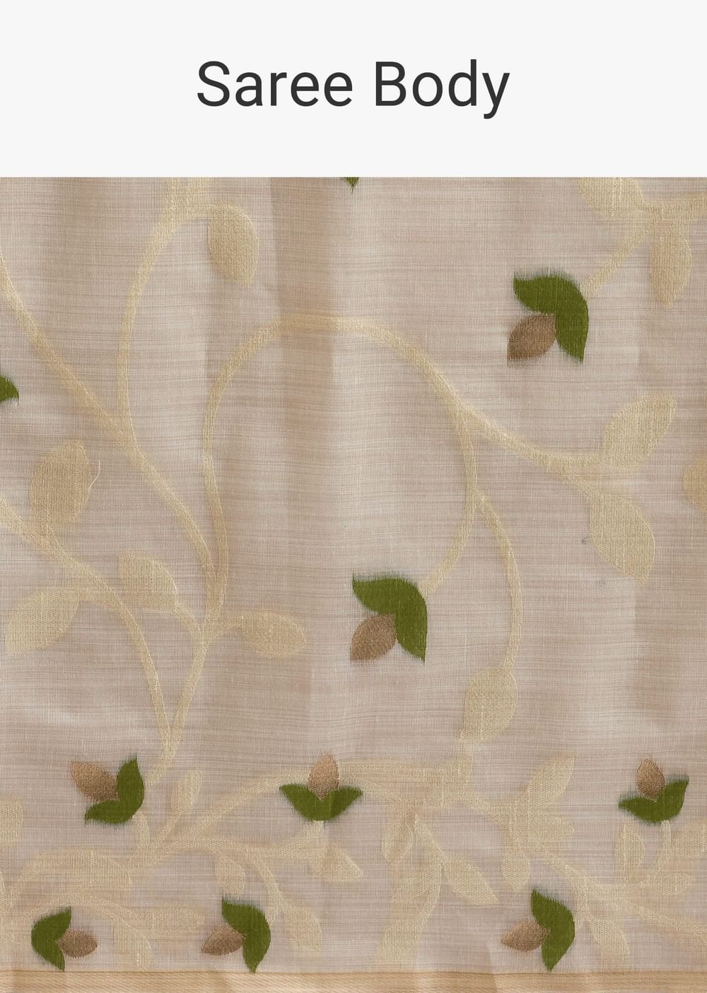 Beige Green Cotton Linen Saree With Thread Work And Unstitched Blouse