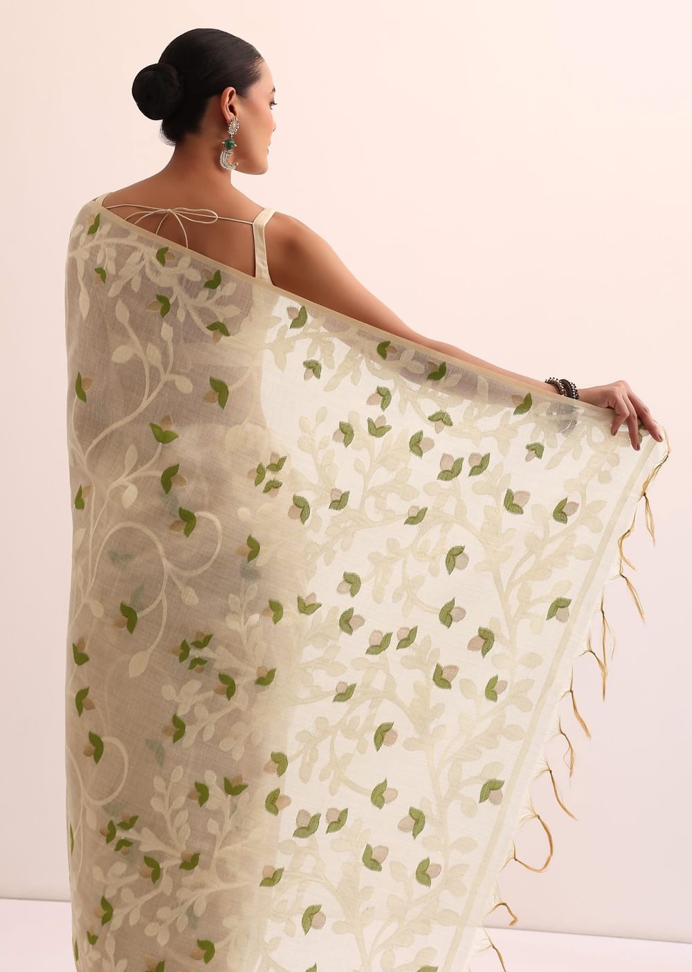 Beige Green Cotton Linen Saree With Thread Work And Unstitched Blouse