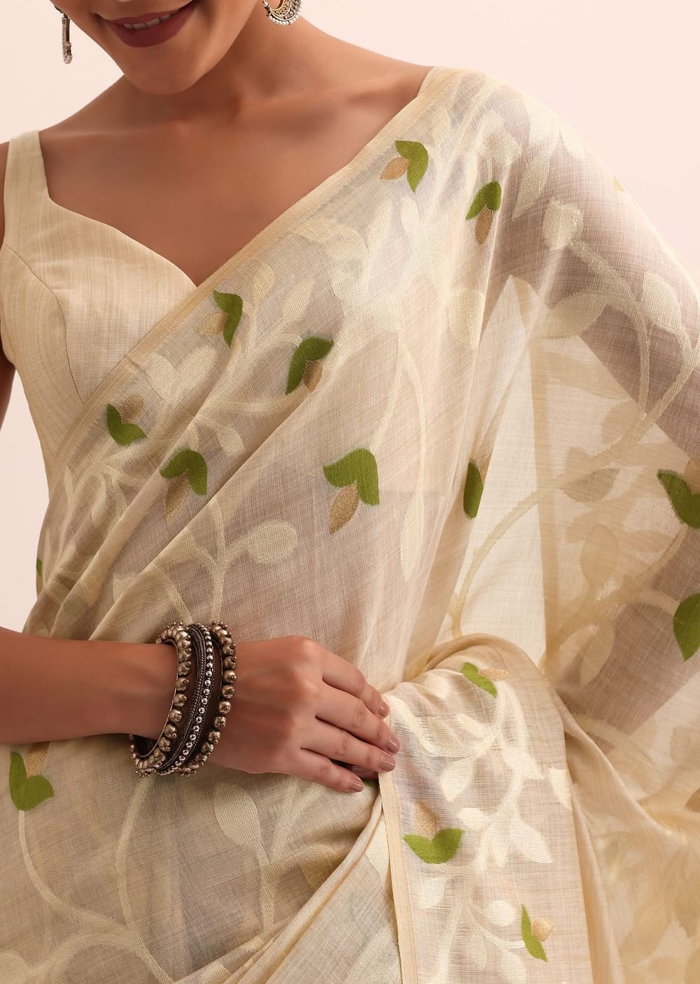 Beige Green Cotton Linen Saree With Thread Work And Unstitched Blouse