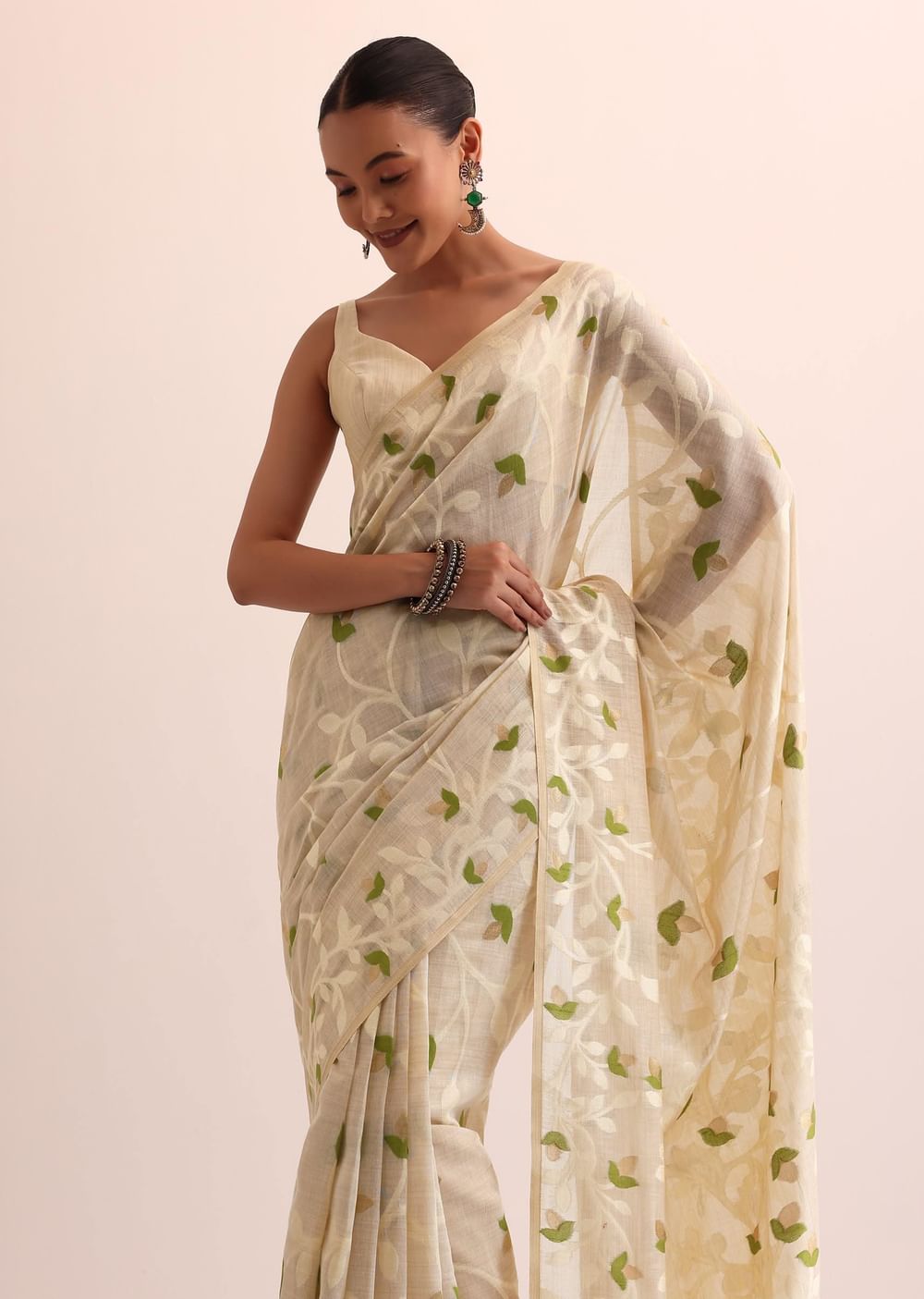 Beige Green Cotton Linen Saree With Thread Work And Unstitched Blouse