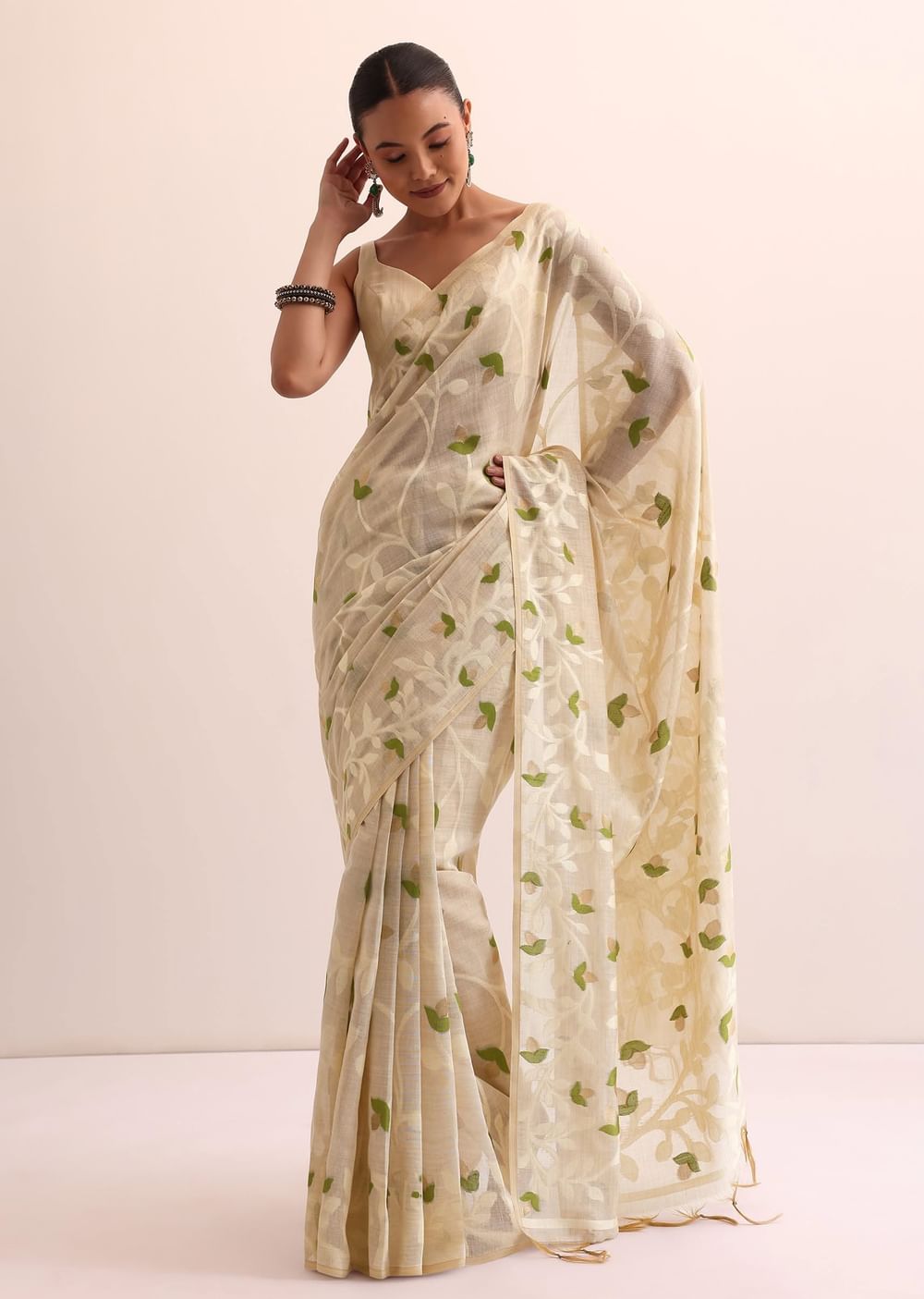 Beige Green Cotton Linen Saree With Thread Work And Unstitched Blouse