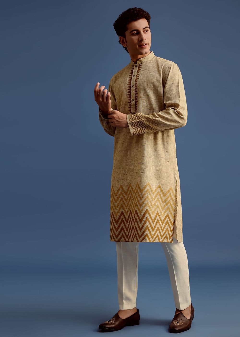 Beige Hand Block Printed Kurta Set With Zari Work
