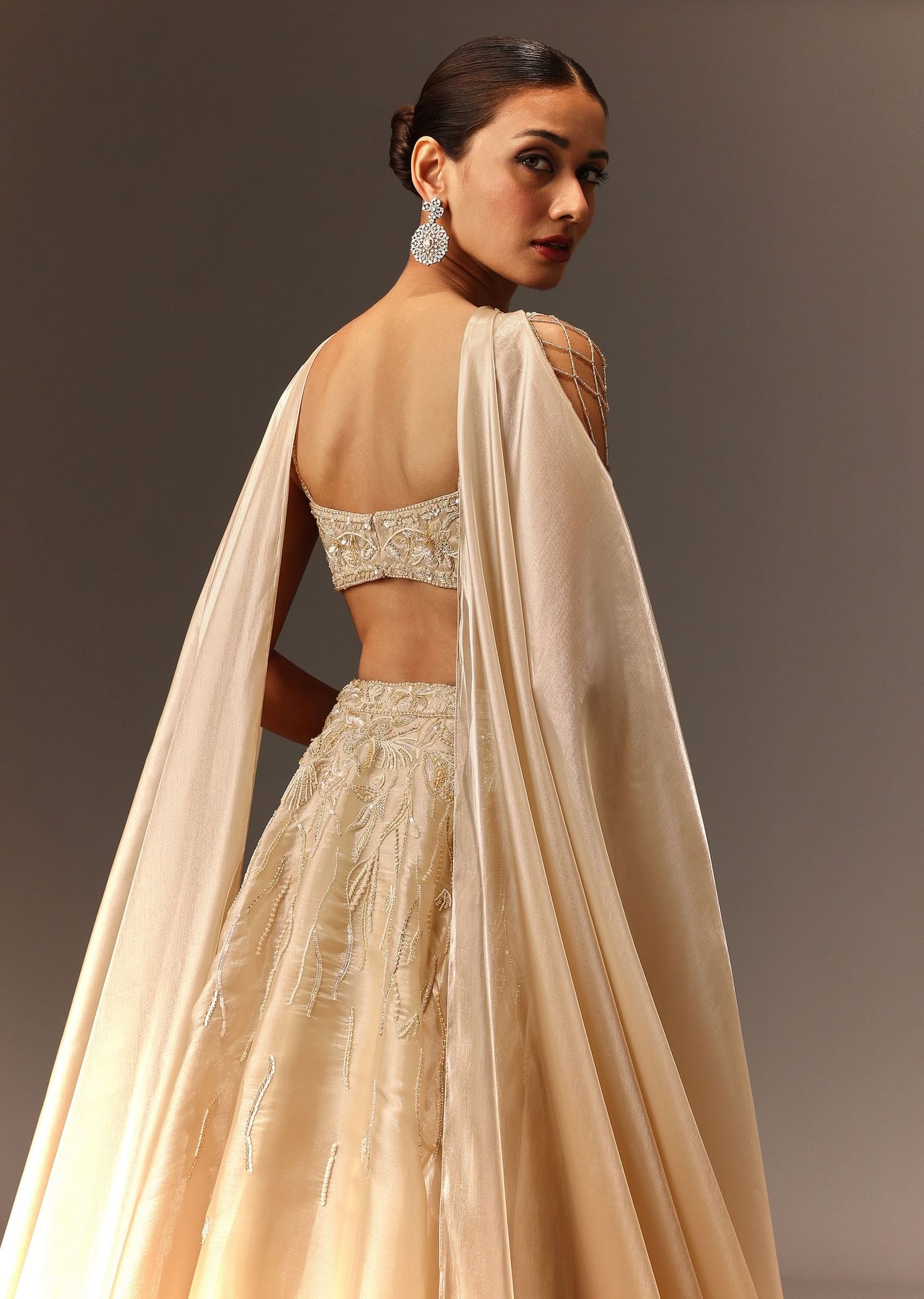 Beige Hand Embroidered Blouse With Skirt And Choker Dupatta