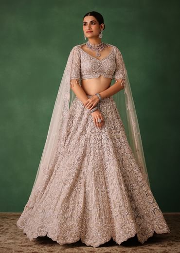 Beige Hand Embroidered Floral Lehenga With Blouse And Dupatta