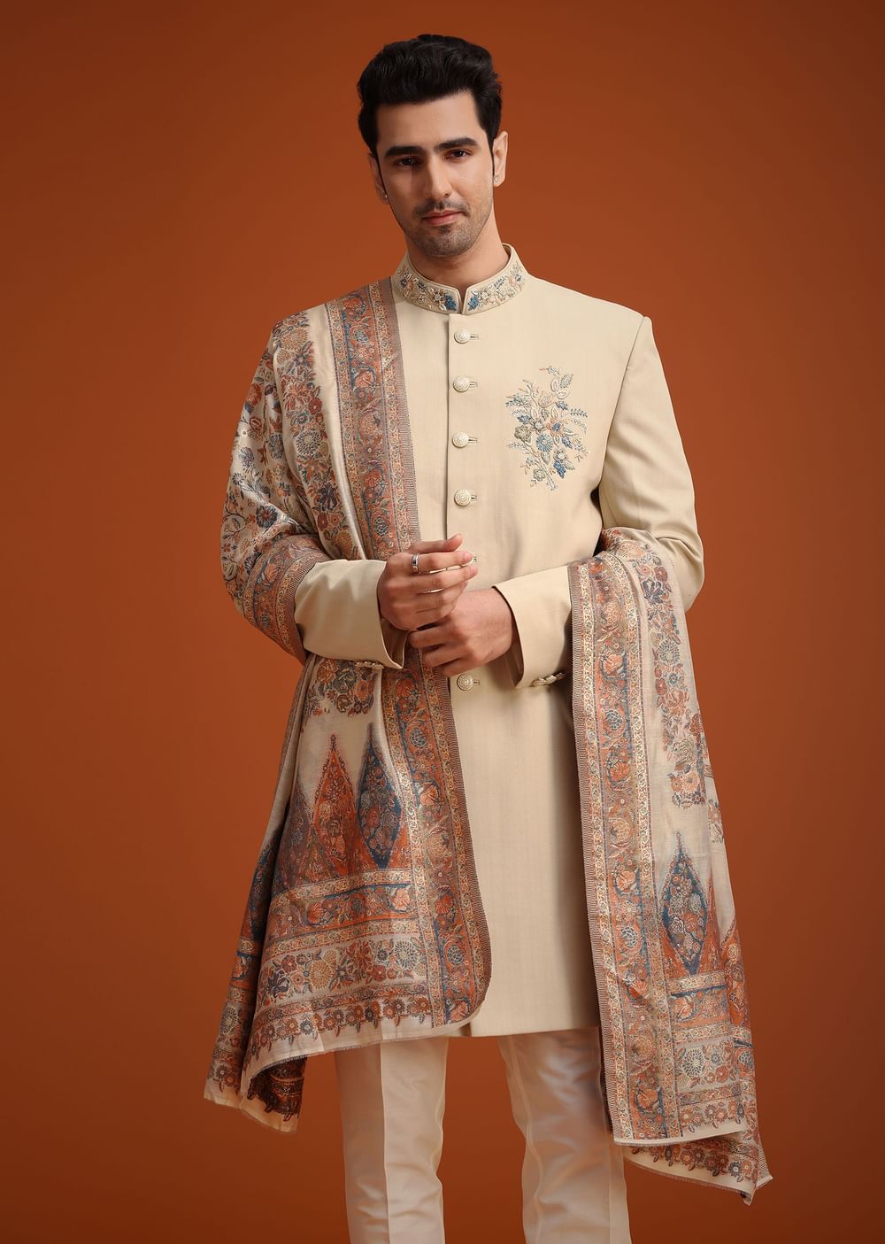 Beige Hand Embroidered Indo Western Set With Dupatta
