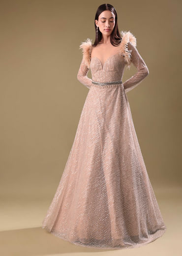 Beige Hand Embroidered Sequins Gown
