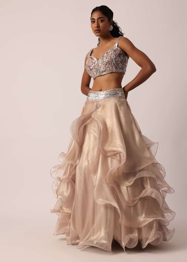 Beige Hand Worked Lehenga Set With Ruffle Dupatta And Pearl Work