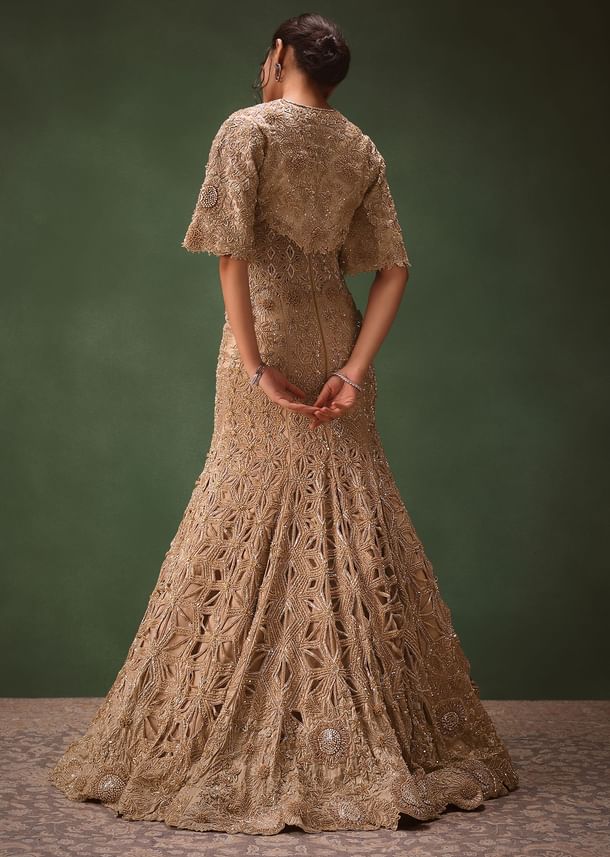 Beige Heavy Embroidered Gown With Jacket