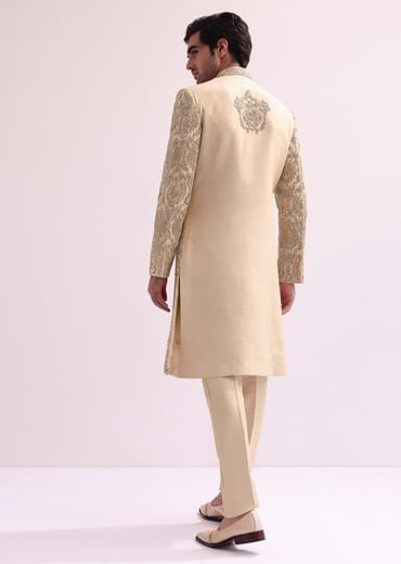 Beige High Collar Silk Sherwani And Kurta Set
