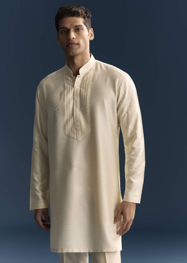 Beige Jacquard Kurta Jacket Set For Men With Resham And Moti Work