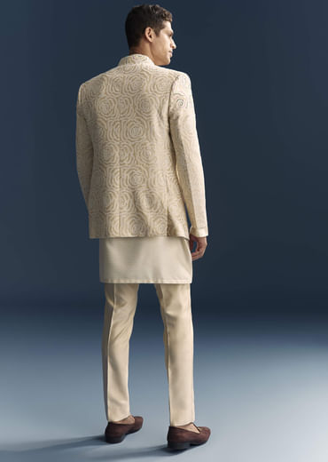 Beige Jacquard Kurta Jacket Set For Men With Resham And Moti Work