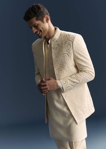 Beige Jacquard Kurta Jacket Set For Men With Resham And Moti Work