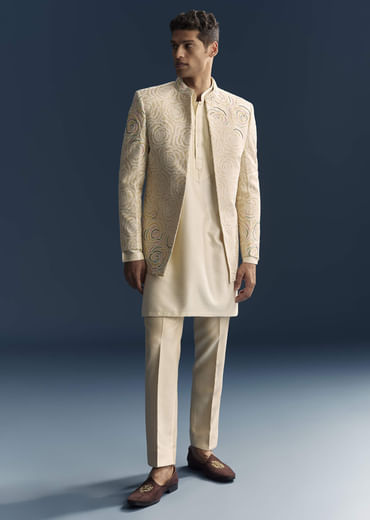 Beige Jacquard Kurta Jacket Set For Men With Resham And Moti Work