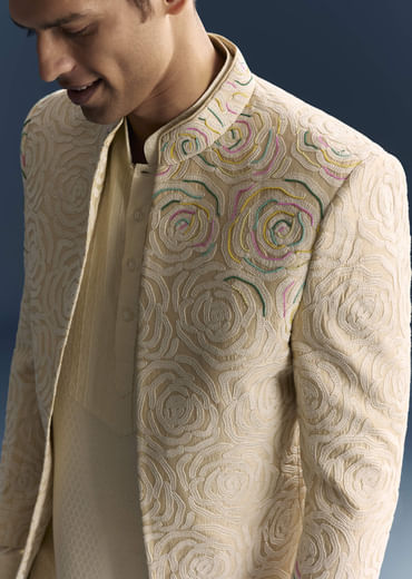 Beige Jacquard Kurta Jacket Set For Men With Resham And Moti Work