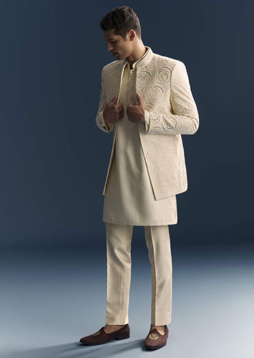 Beige Jacquard Kurta Jacket Set For Men With Resham And Moti Work