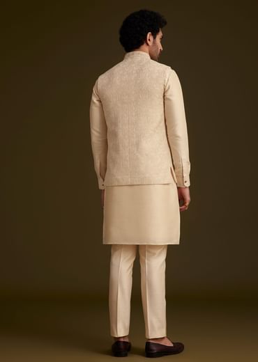 Beige Jacquard Nehru Jacket Set