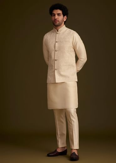 Beige Jacquard Nehru Jacket Set